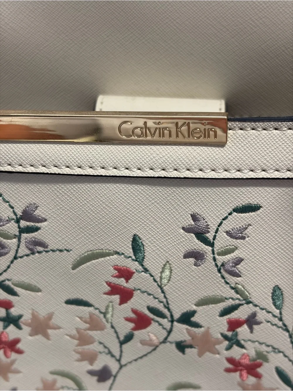 Calvin Klein floral embroidered Saffiano leather tote bag